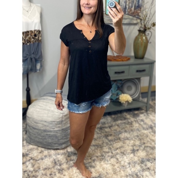 Melange Burnout Henley V-neck Floaty Short Cuffed Tabbed Sleeve Black 3221 - Picture 11 of 13